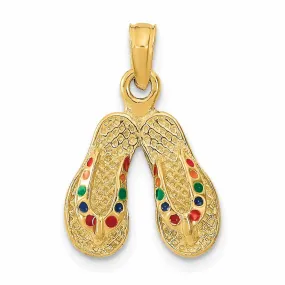 14k  Yellow Gold 3-Dimensional Textured Polished Multi Color Enamel Finish Double Flip-Flop Sandal Charm Pendant