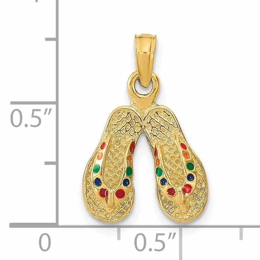 14k  Yellow Gold 3-Dimensional Textured Polished Multi Color Enamel Finish Double Flip-Flop Sandal Charm Pendant