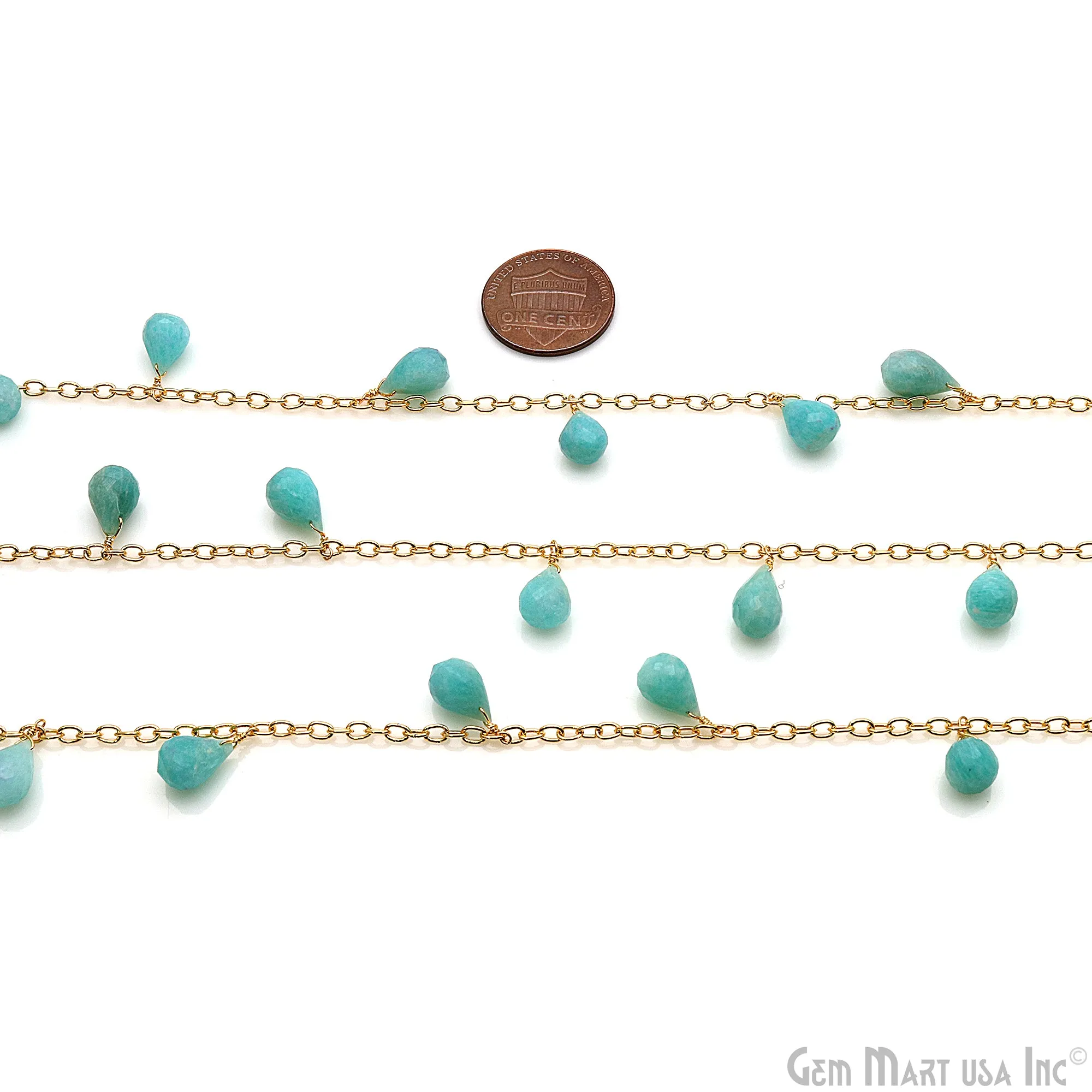 Amazonite Faceted Drop 10x6mm Gold Wire Wrapped Rosary Chain