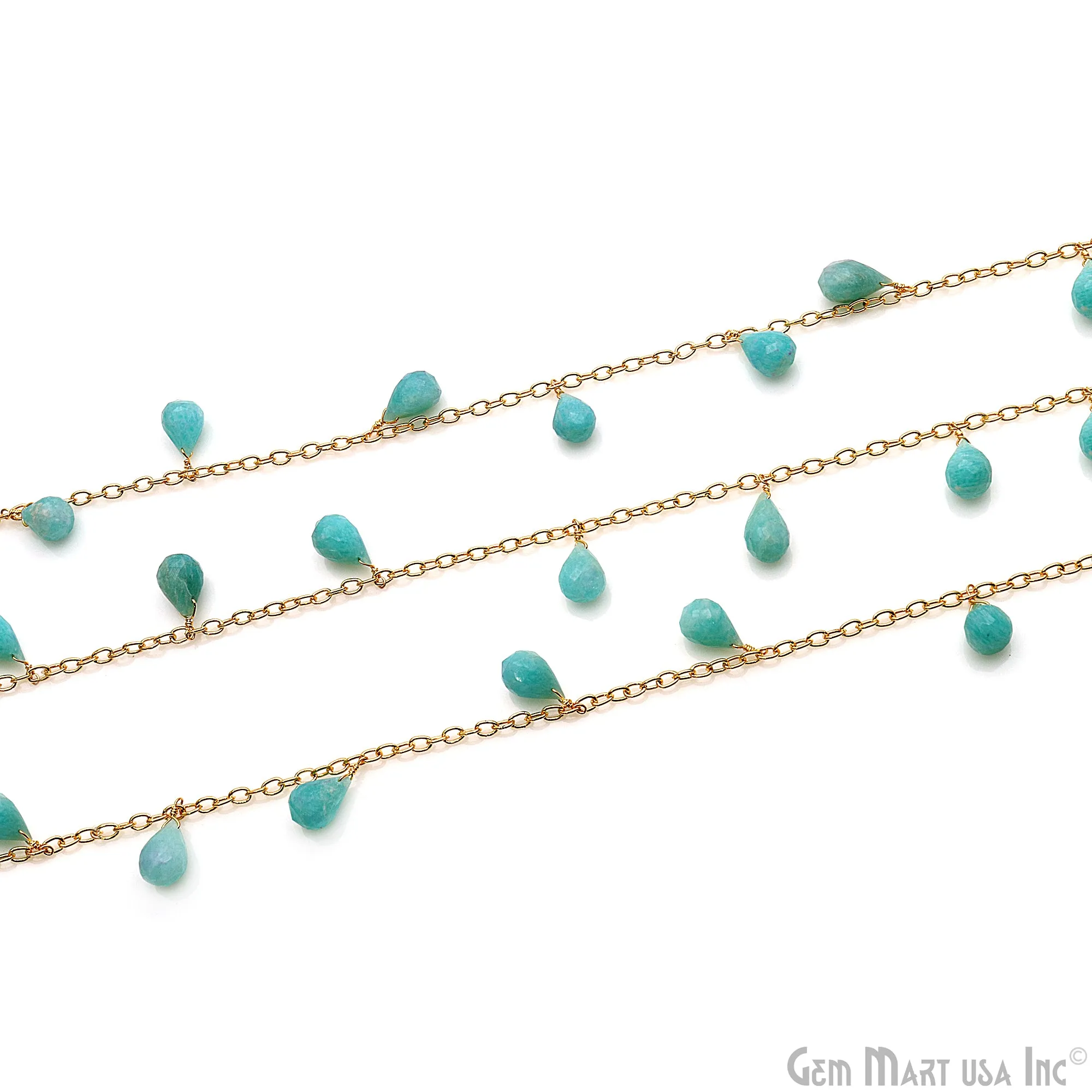 Amazonite Faceted Drop 10x6mm Gold Wire Wrapped Rosary Chain