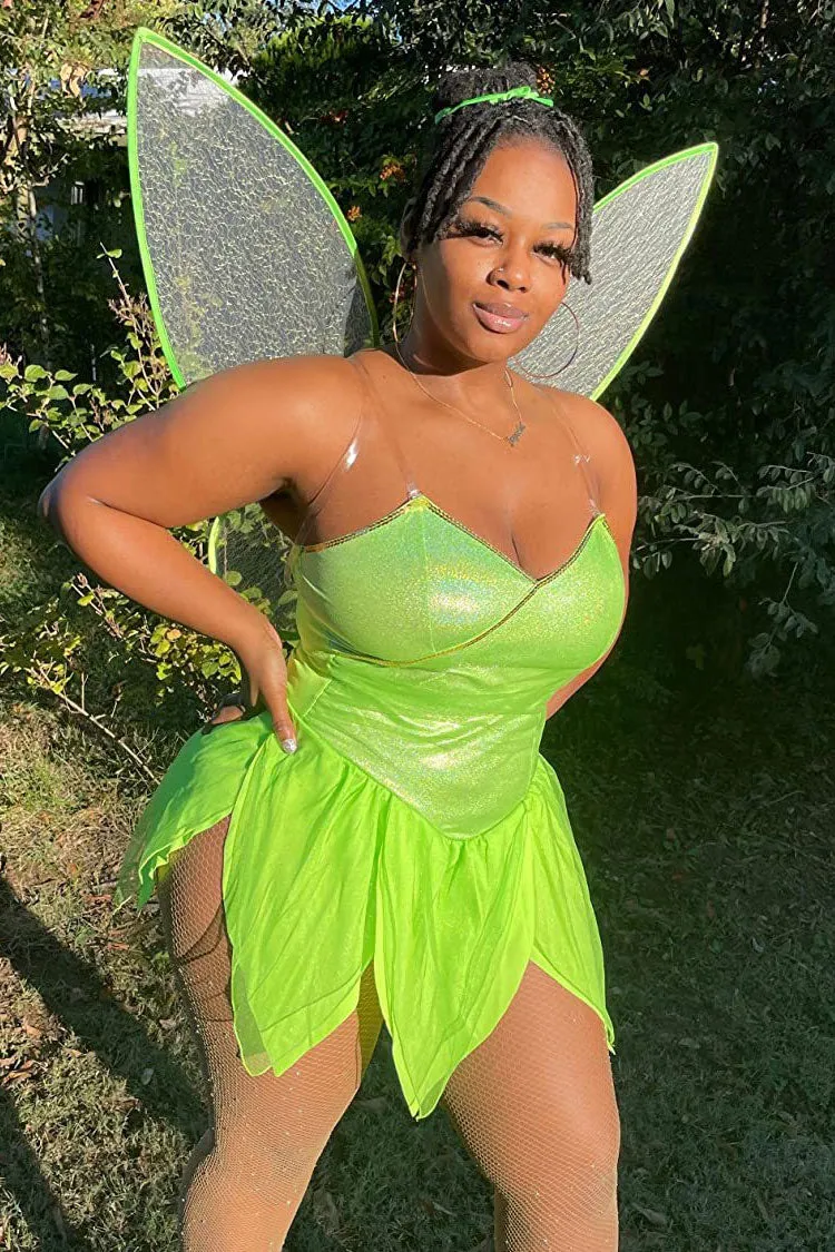 Amozae-hoco dresses -Forest Fairy Elf Cosplay Wing Petal Hem Halloween Party Mini Dress - Light Green