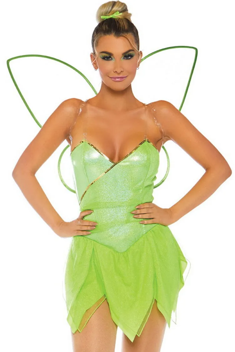 Amozae-hoco dresses -Forest Fairy Elf Cosplay Wing Petal Hem Halloween Party Mini Dress - Light Green