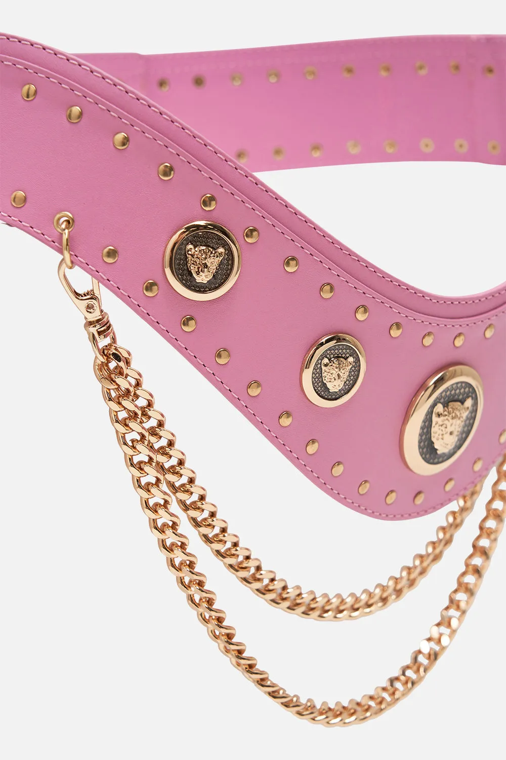 BELT WITH LEOPARD HARDWARE AND CHAINS SOLID PINK