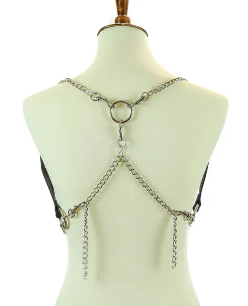 Black Leather Bra Harness w/ Silver Chain Details