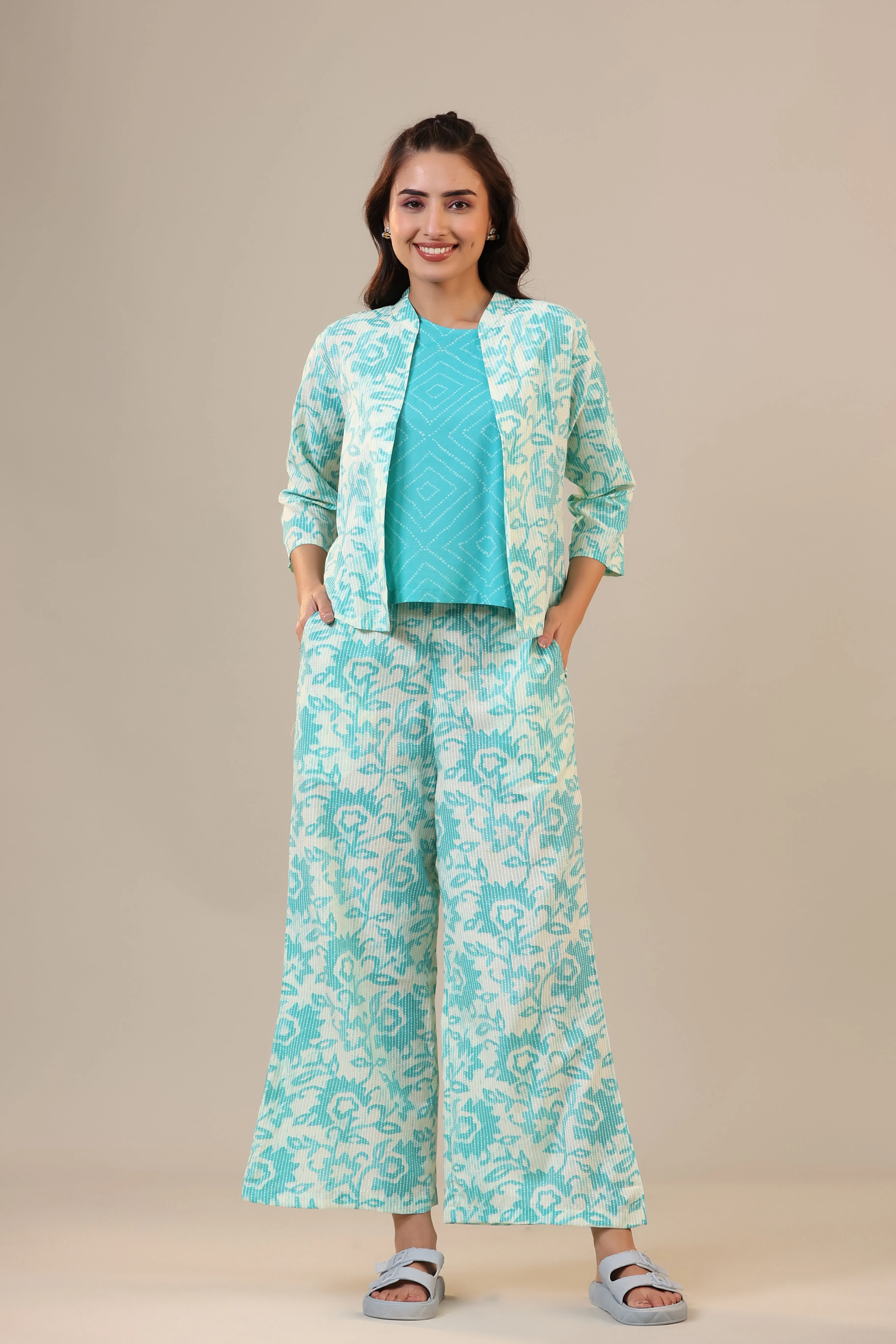 Blue Florals With Bhandej on Cotton Three piece Set