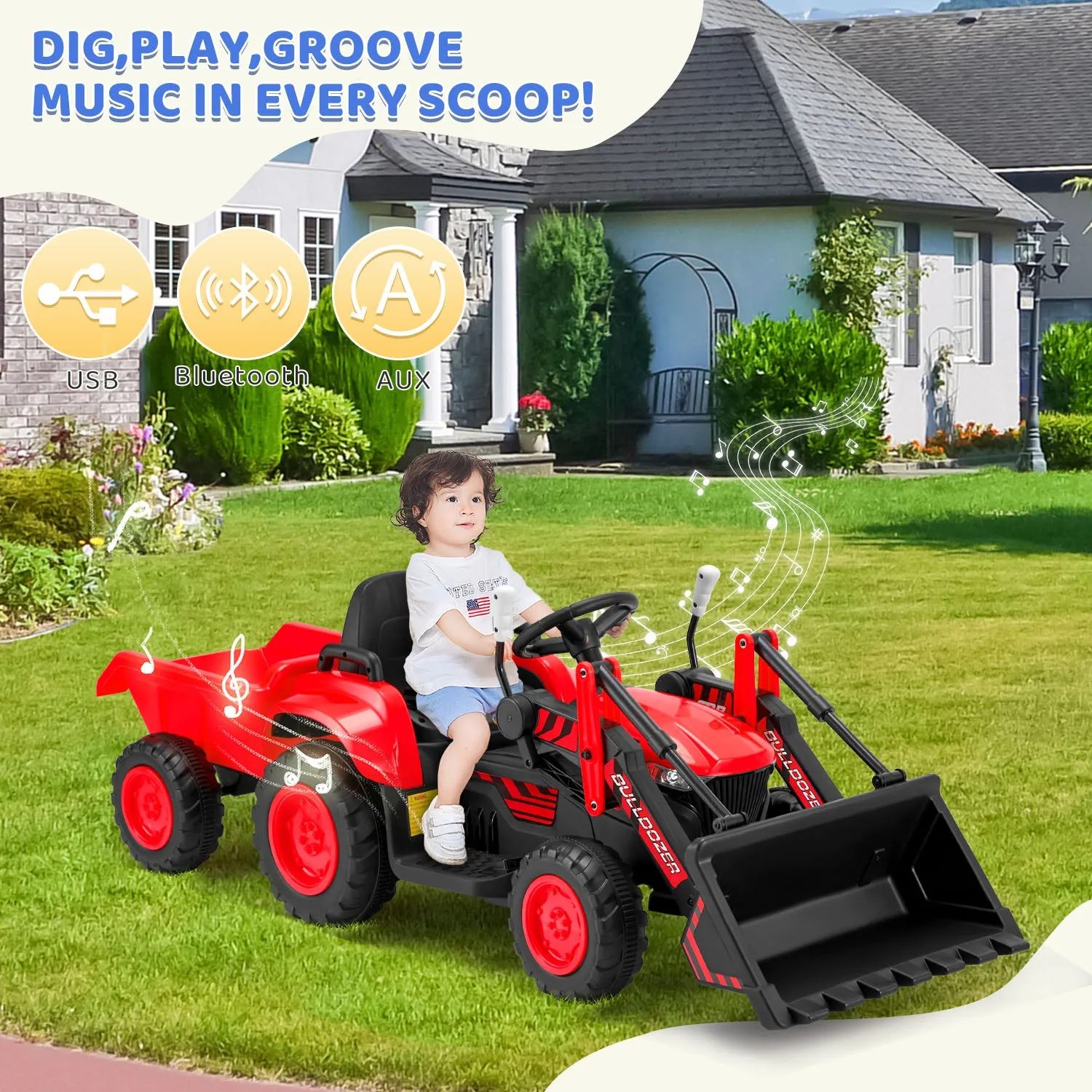 EROMMY 12V Ride-on Bulldozer for Kids with Front Loader, Horn, Lights, Music, Safety Belt, Red