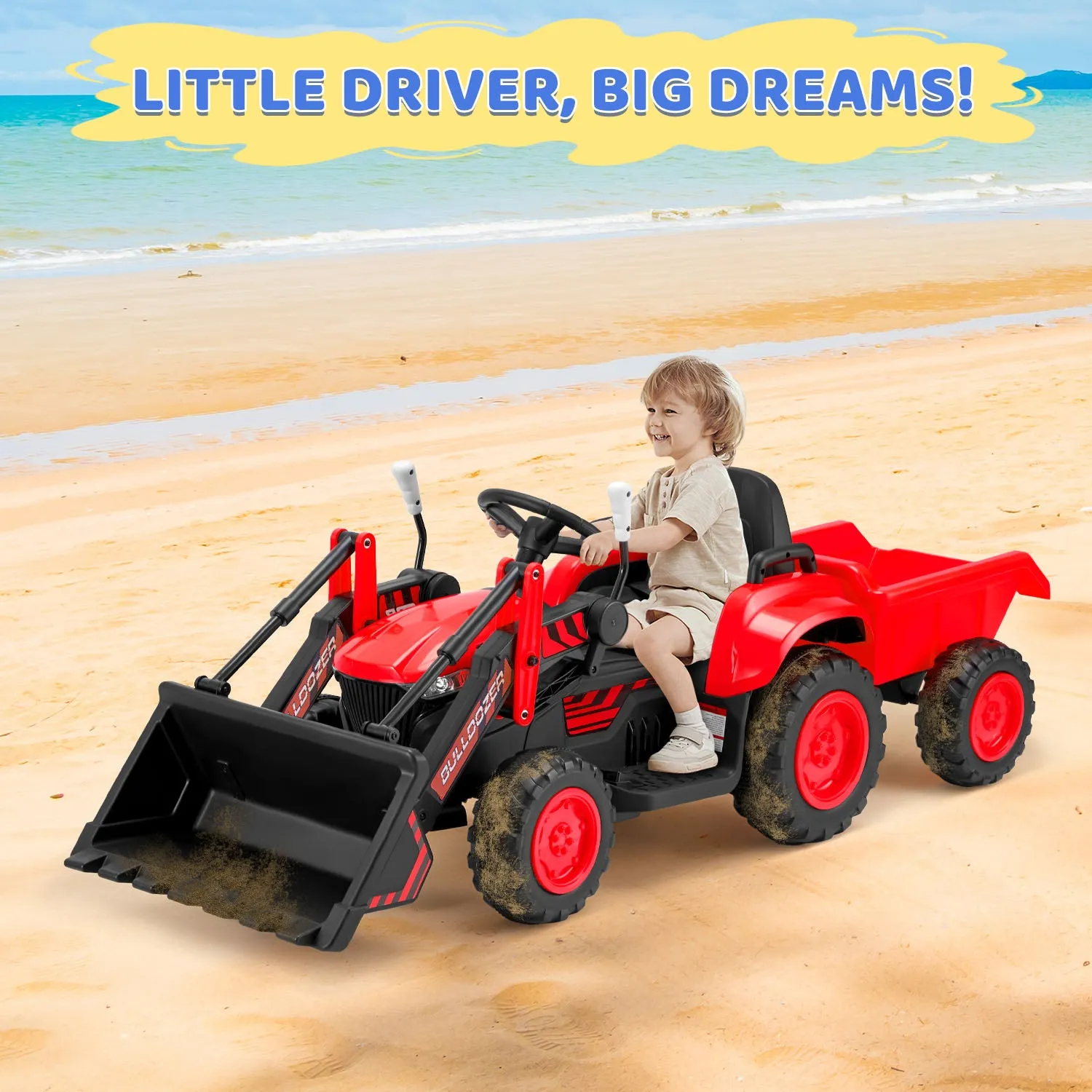 EROMMY 12V Ride-on Bulldozer for Kids with Front Loader, Horn, Lights, Music, Safety Belt, Red