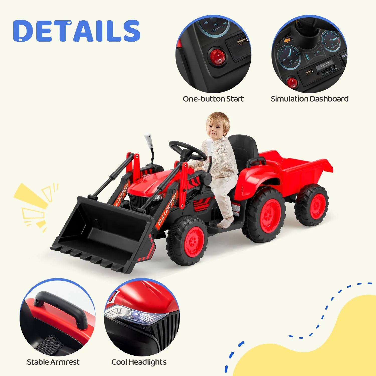 EROMMY 12V Ride-on Bulldozer for Kids with Front Loader, Horn, Lights, Music, Safety Belt, Red