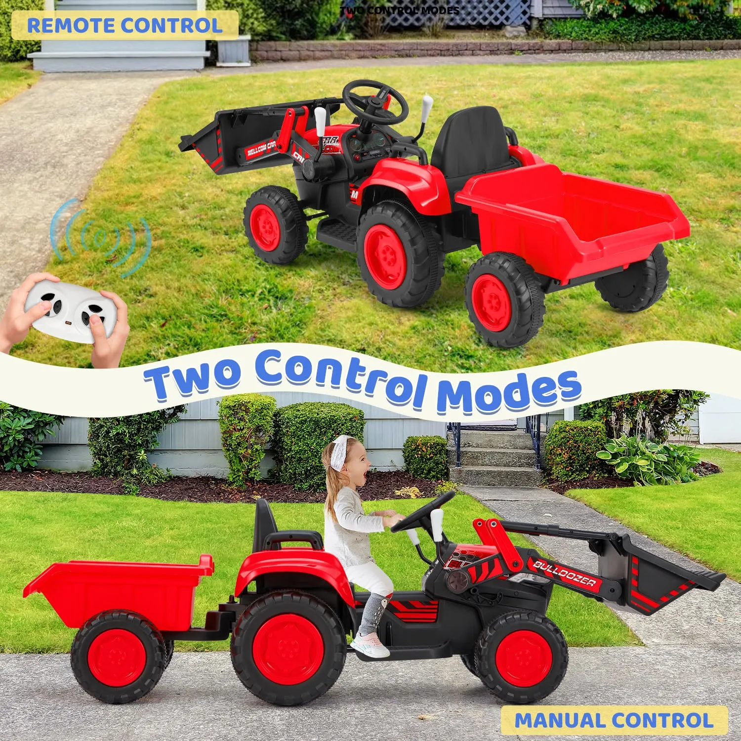 EROMMY 12V Ride-on Bulldozer for Kids with Front Loader, Horn, Lights, Music, Safety Belt, Red