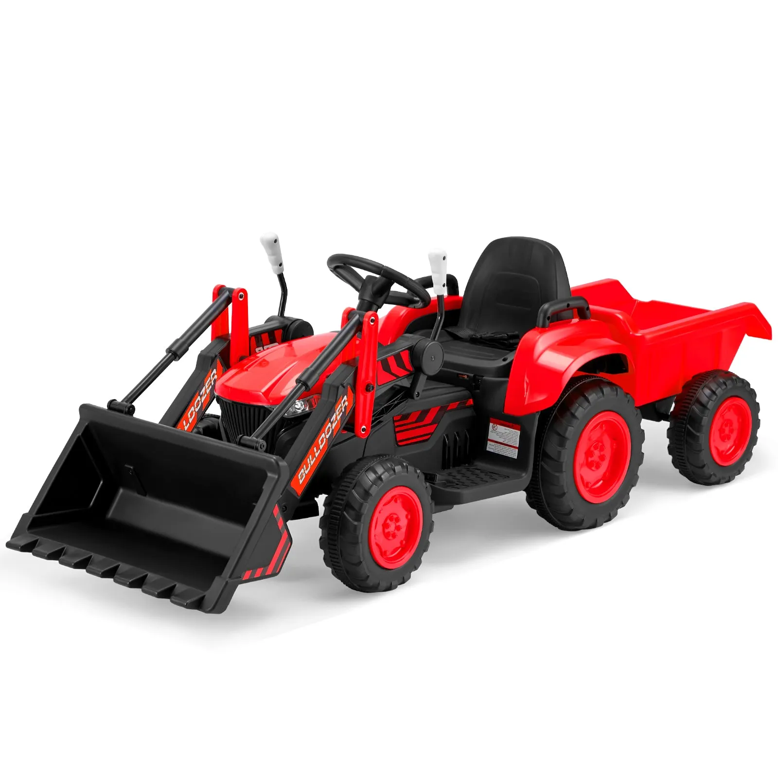 EROMMY 12V Ride-on Bulldozer for Kids with Front Loader, Horn, Lights, Music, Safety Belt, Red