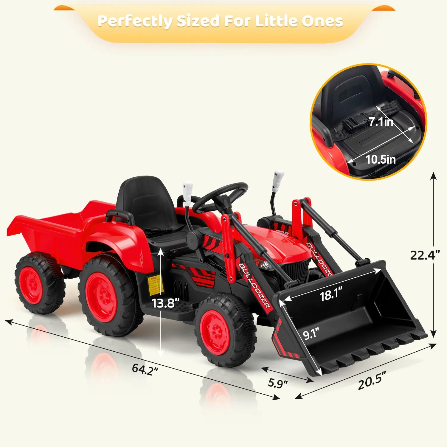 EROMMY 12V Ride-on Bulldozer for Kids with Front Loader, Horn, Lights, Music, Safety Belt, Red