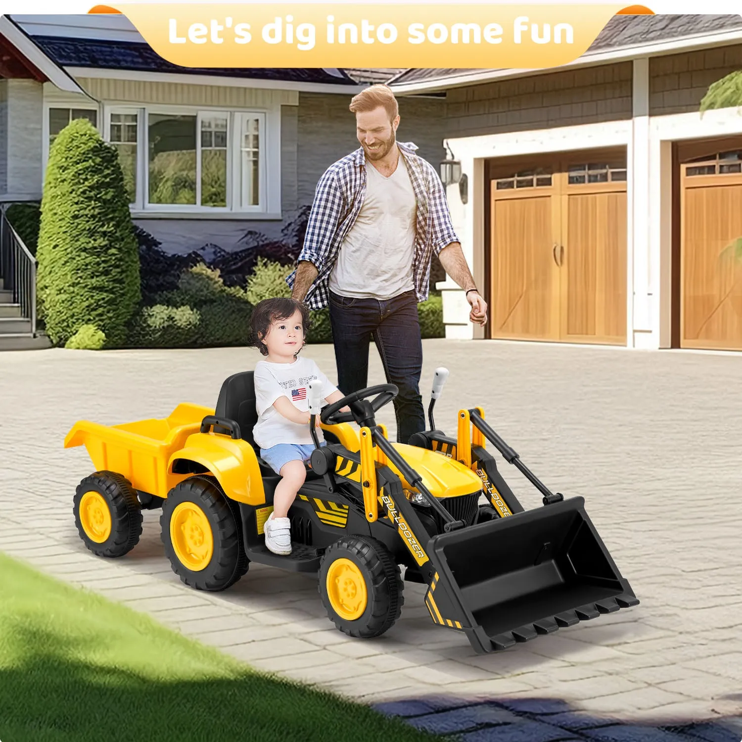 EROMMY 12V Ride-on Bulldozer for Kids with Front Loader, Horn, Lights, Music, Safety Belt, Yellow