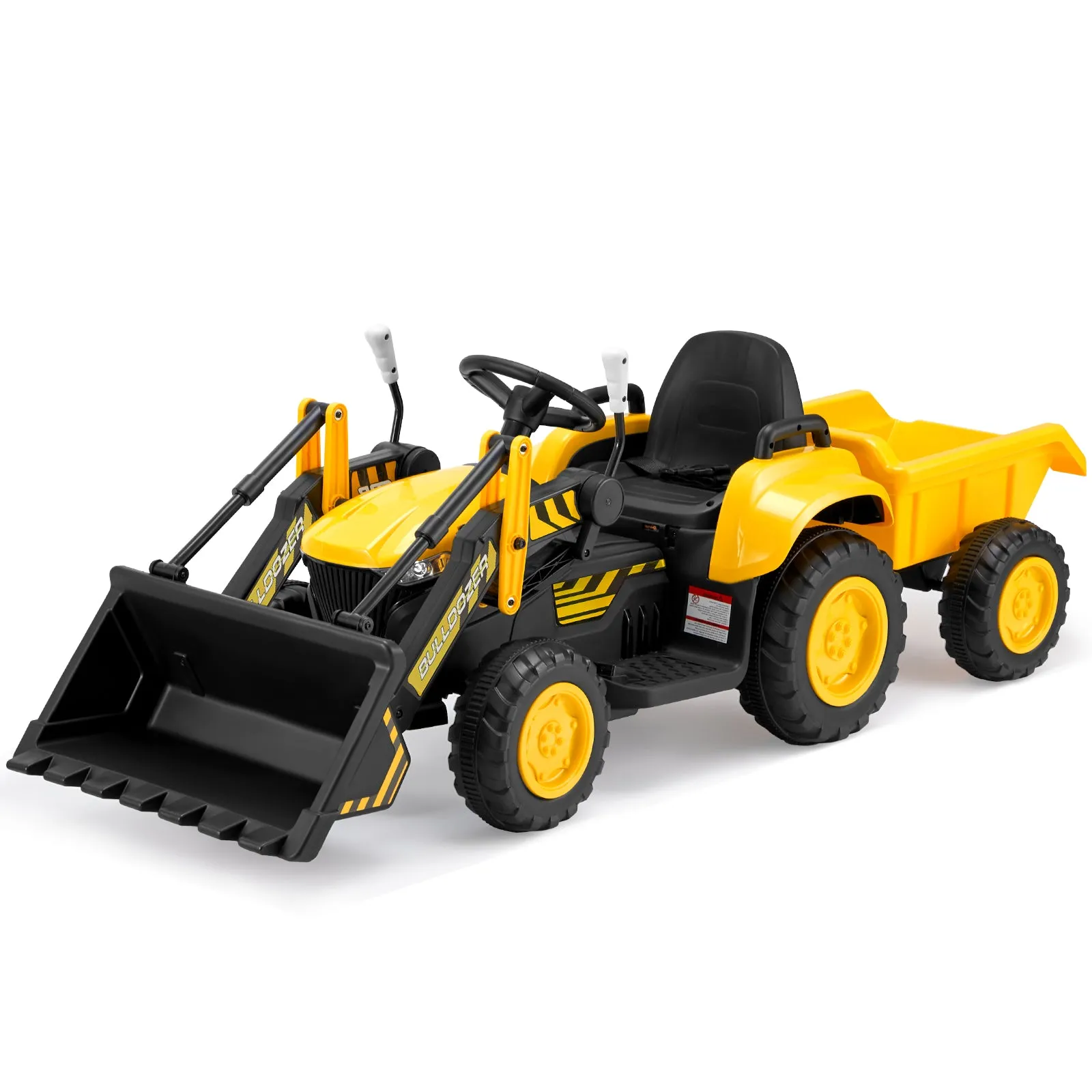 EROMMY 12V Ride-on Bulldozer for Kids with Front Loader, Horn, Lights, Music, Safety Belt, Yellow