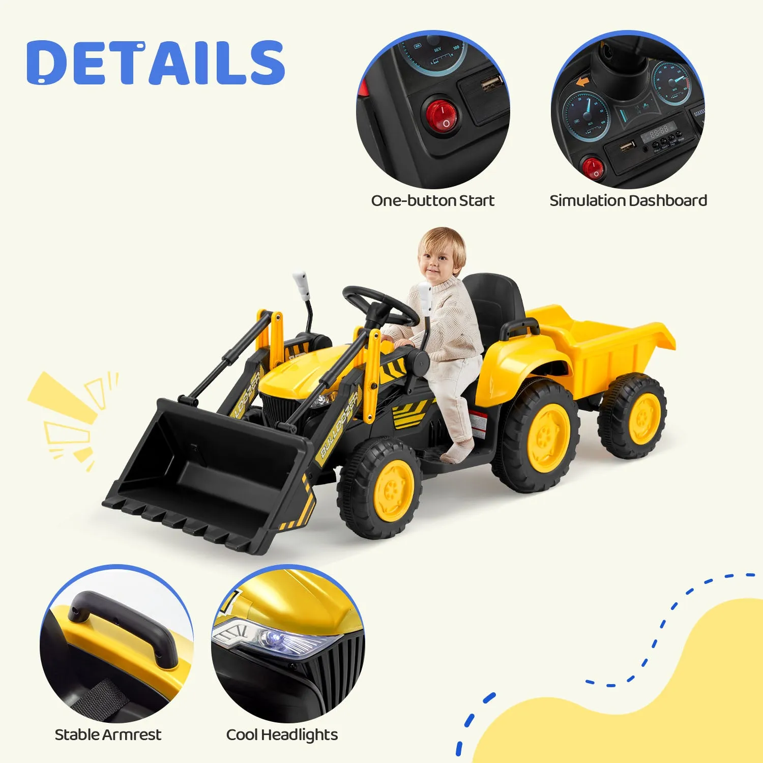 EROMMY 12V Ride-on Bulldozer for Kids with Front Loader, Horn, Lights, Music, Safety Belt, Yellow