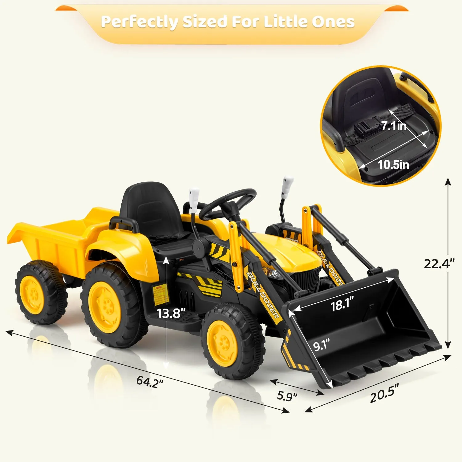 EROMMY 12V Ride-on Bulldozer for Kids with Front Loader, Horn, Lights, Music, Safety Belt, Yellow