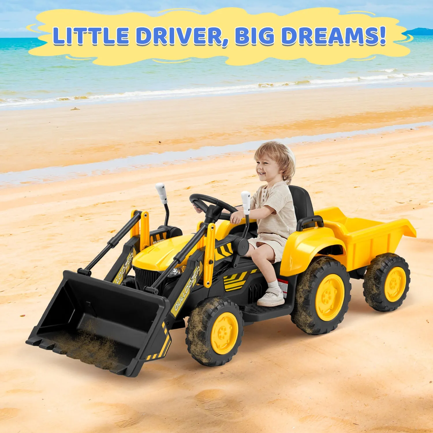 EROMMY 12V Ride-on Bulldozer for Kids with Front Loader, Horn, Lights, Music, Safety Belt, Yellow