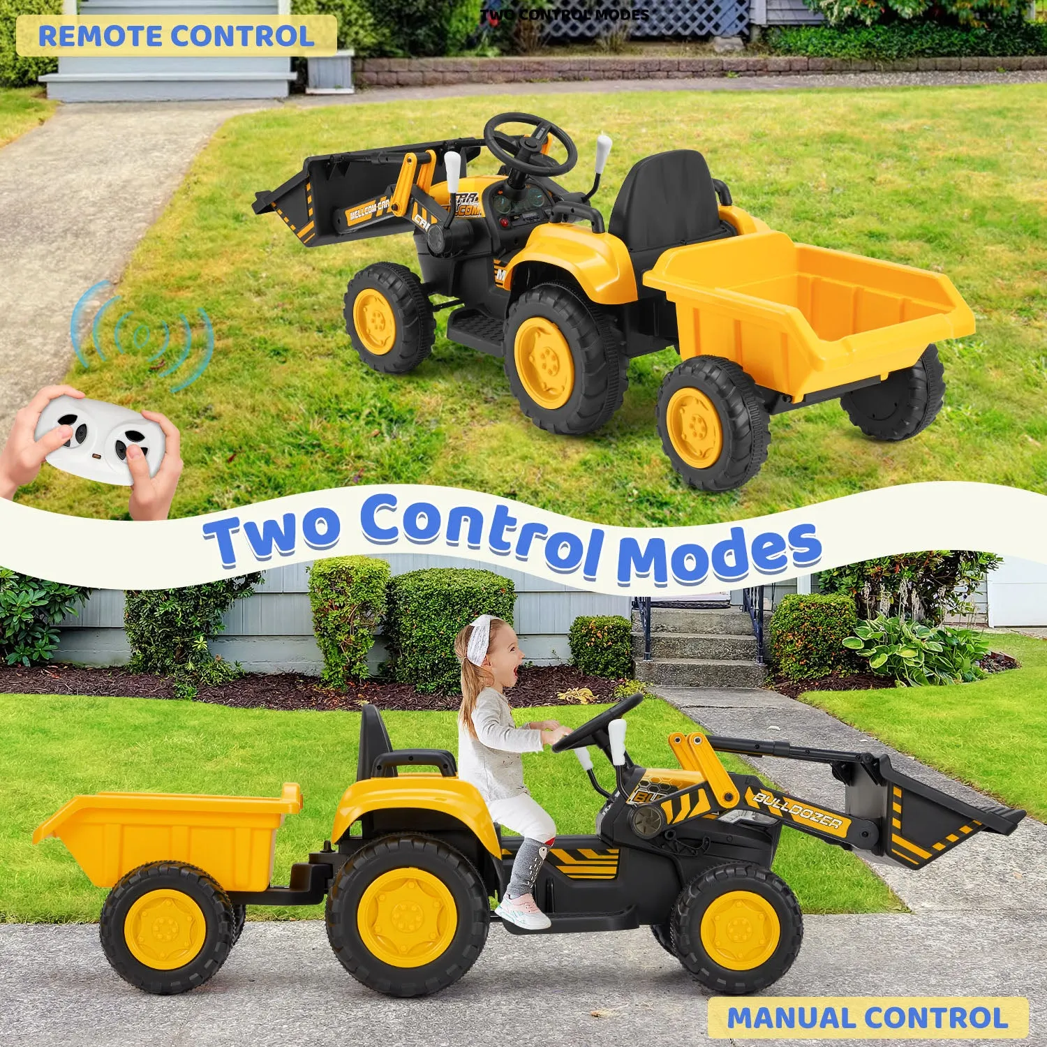 EROMMY 12V Ride-on Bulldozer for Kids with Front Loader, Horn, Lights, Music, Safety Belt, Yellow