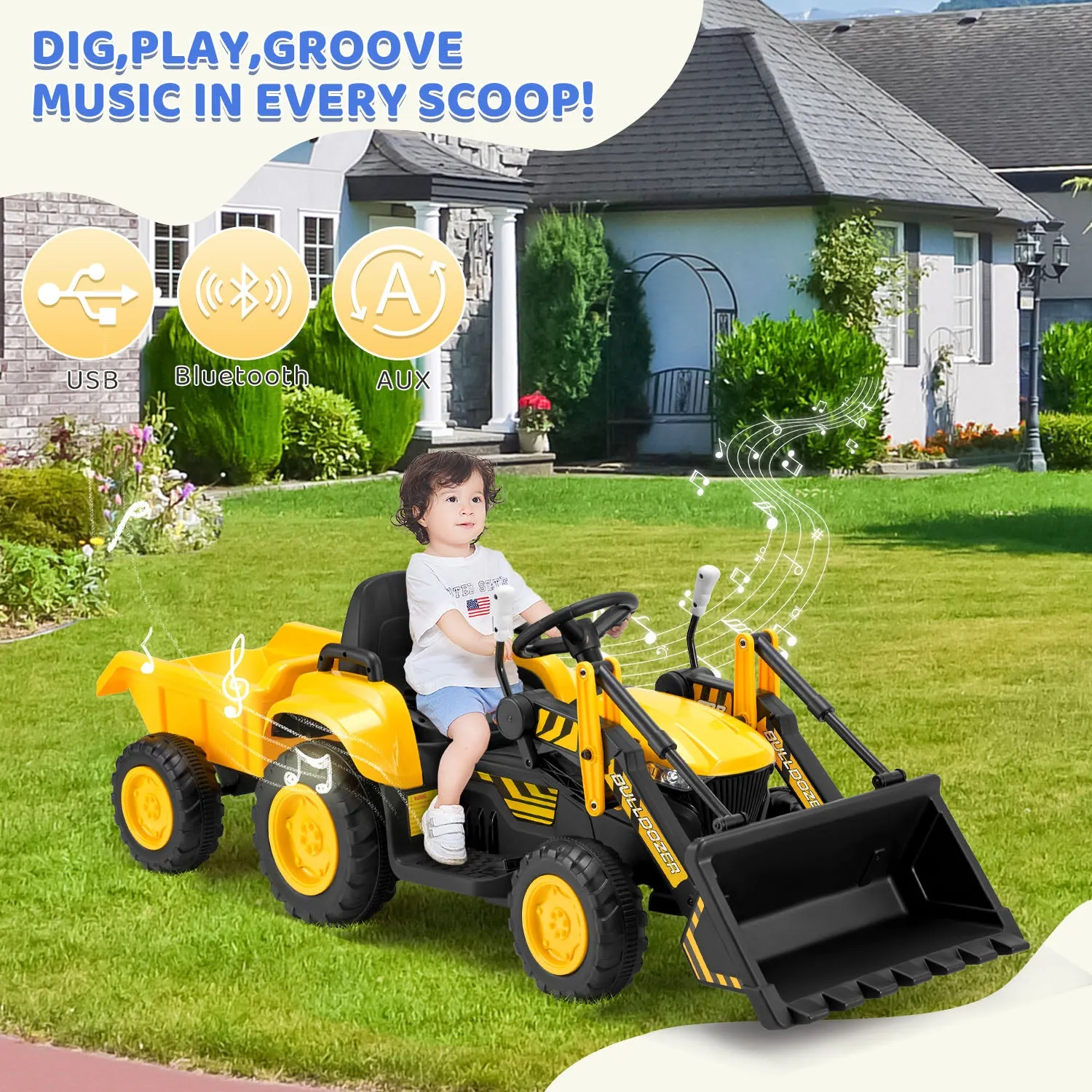 EROMMY 12V Ride-on Bulldozer for Kids with Front Loader, Horn, Lights, Music, Safety Belt, Yellow