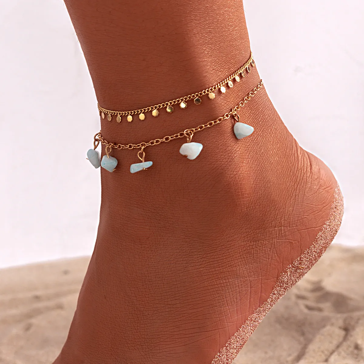 European and American Cross-Border Jewelry: Vienna Verve Alloy Bracelet with Crushed Stone Ankle Chains, Tassels, Vintage Rice Beads, and Seashells