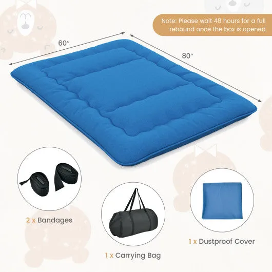 Foldable Futon Mattress with Washable Cover and Carry Bag for Camping Blue-Queen Size