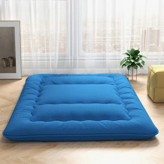 Foldable Futon Mattress with Washable Cover and Carry Bag for Camping Blue-Queen Size