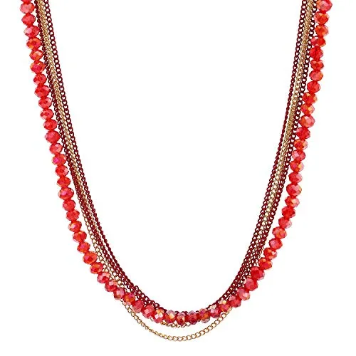 Gold Red Statement Necklace Multi-Strand Long Chains with Red Crystal Beads String Pendant, Dress