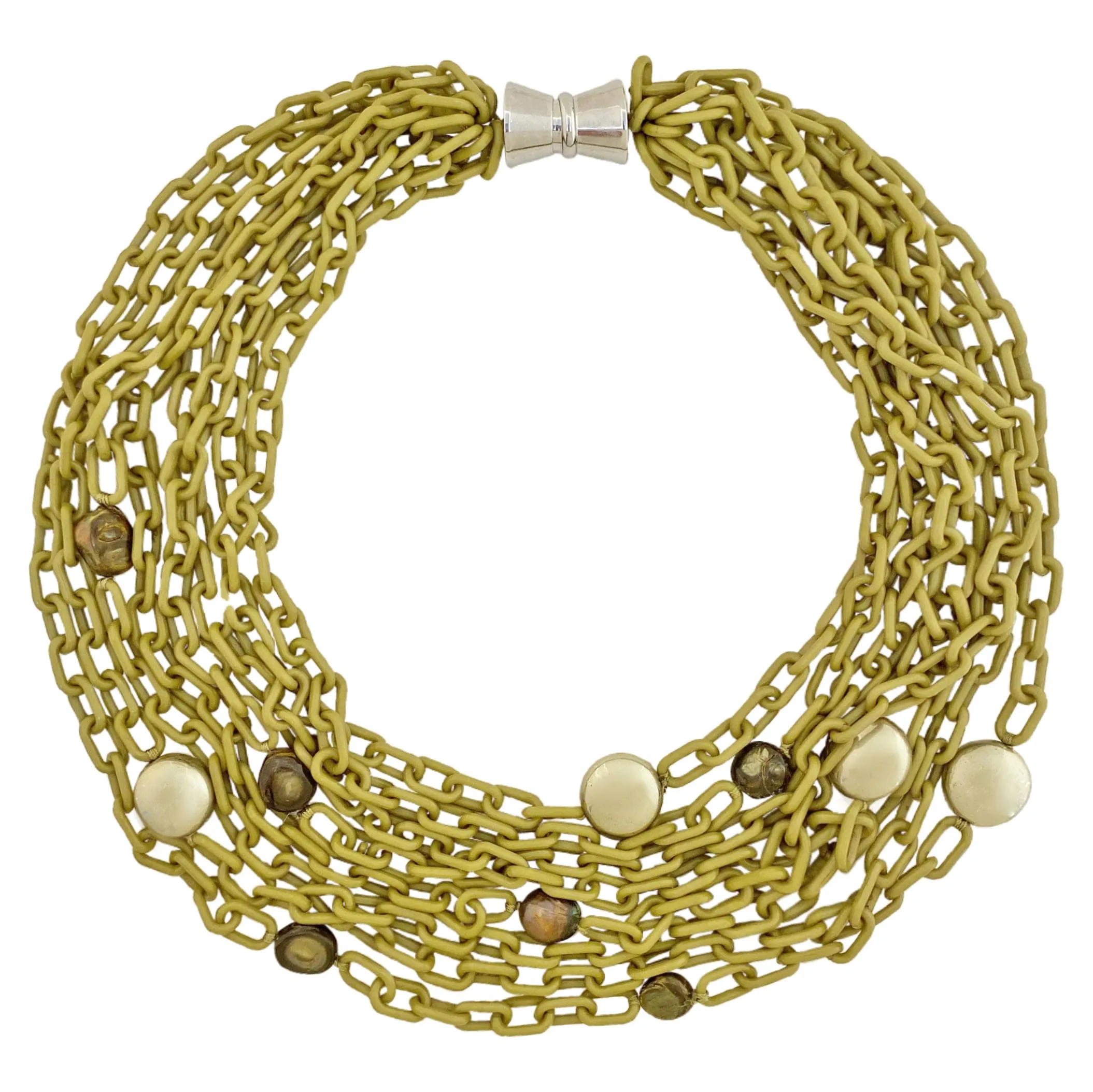 Green Chains Necklace w/ Freshwater Pearls & Silver Plated Details