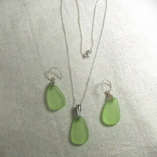 Lime Green Sea Glass Pendant & Earrings