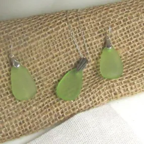 Lime Green Sea Glass Pendant & Earrings