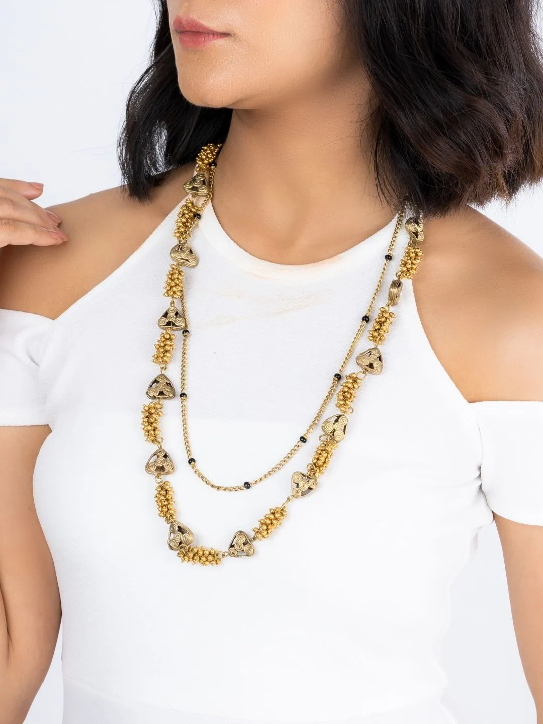 Miharu Dokra Golden Brass Bead Layer Necklace - Golden