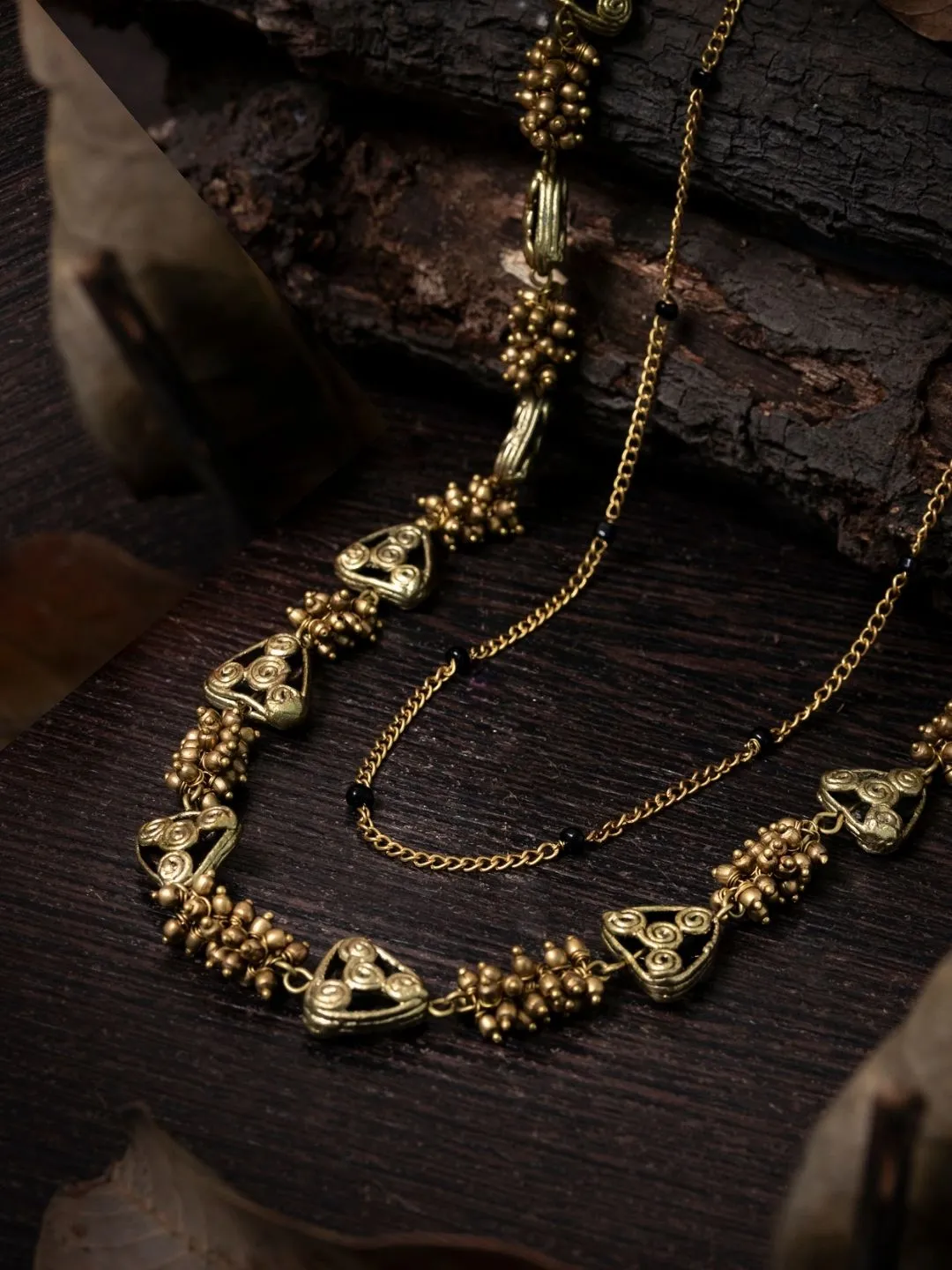 Miharu Dokra Golden Brass Bead Layer Necklace - Golden