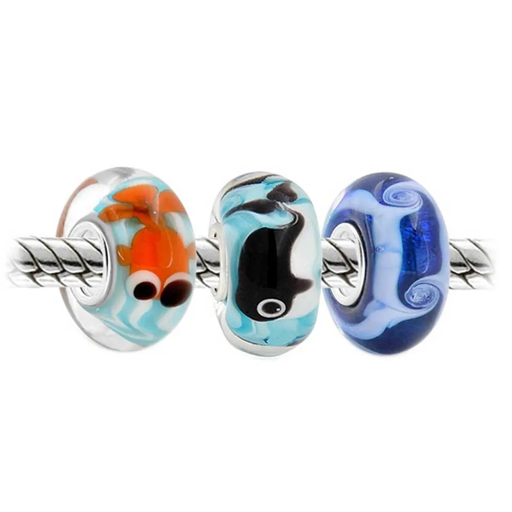 Nautical Glass Charm Bead Set Silver Core Multi-Color Murano Fish & Whale Design