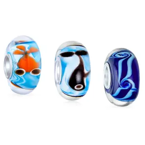 Nautical Glass Charm Bead Set Silver Core Multi-Color Murano Fish & Whale Design