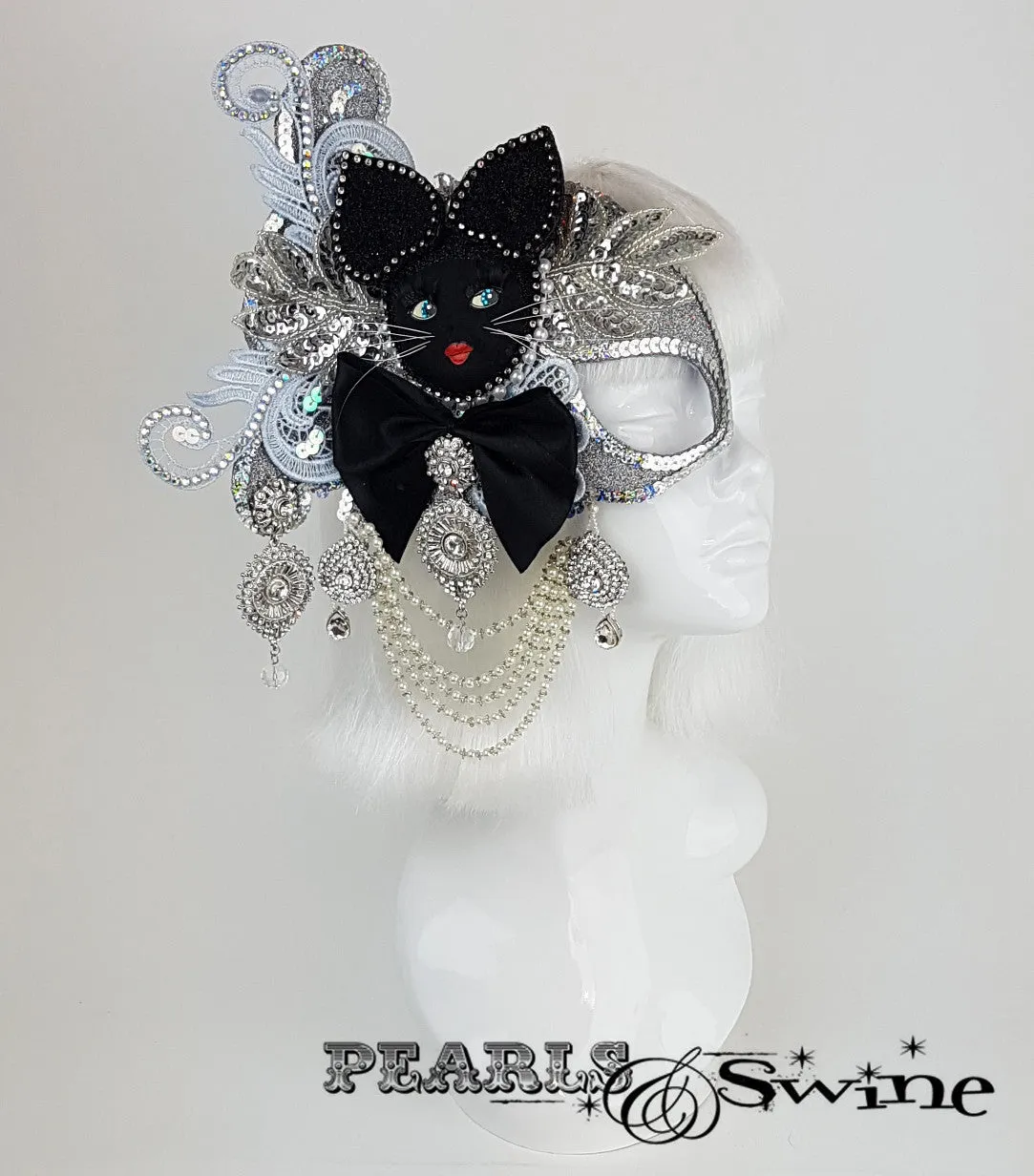 Opulent Doll Face Cat Half Mask Fascinator "Jewel"