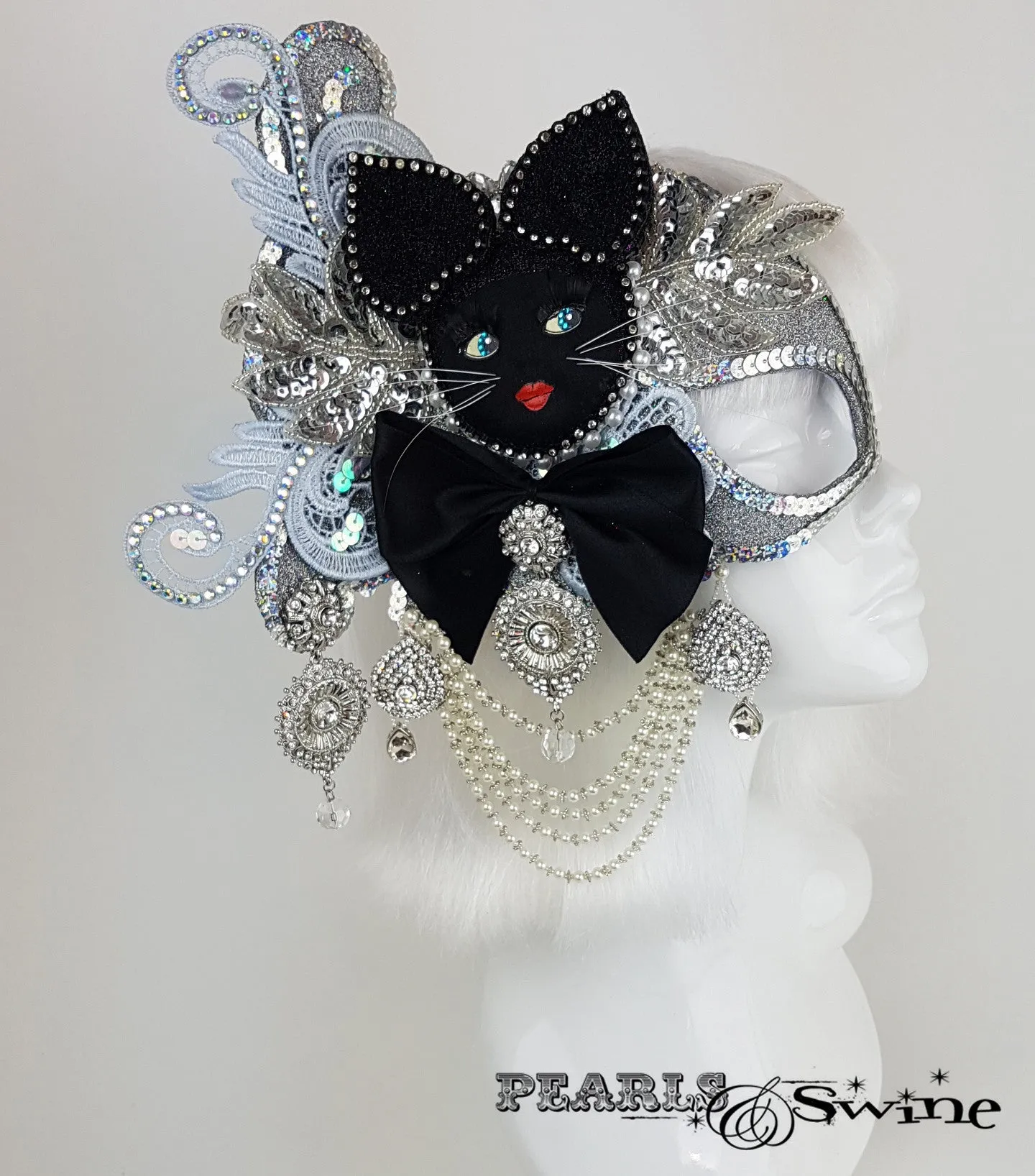 Opulent Doll Face Cat Half Mask Fascinator "Jewel"