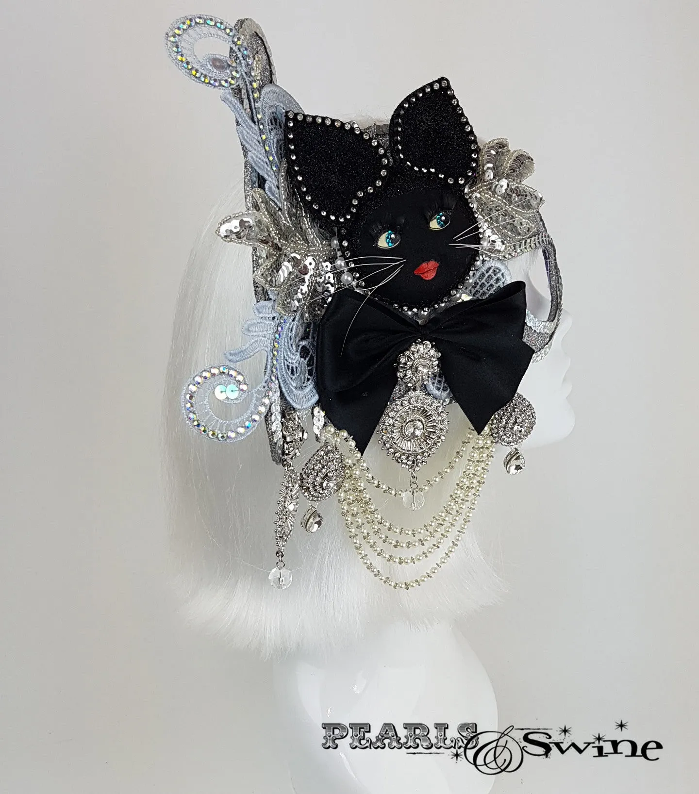 Opulent Doll Face Cat Half Mask Fascinator "Jewel"