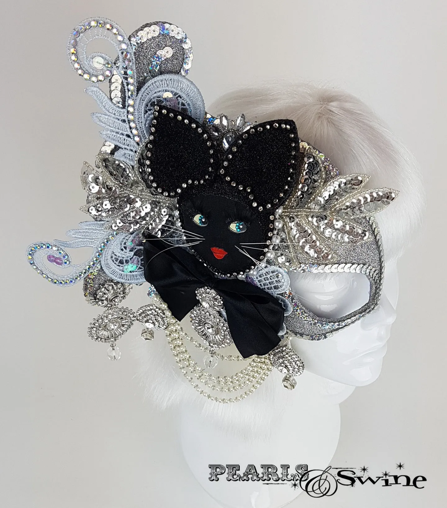 Opulent Doll Face Cat Half Mask Fascinator "Jewel"