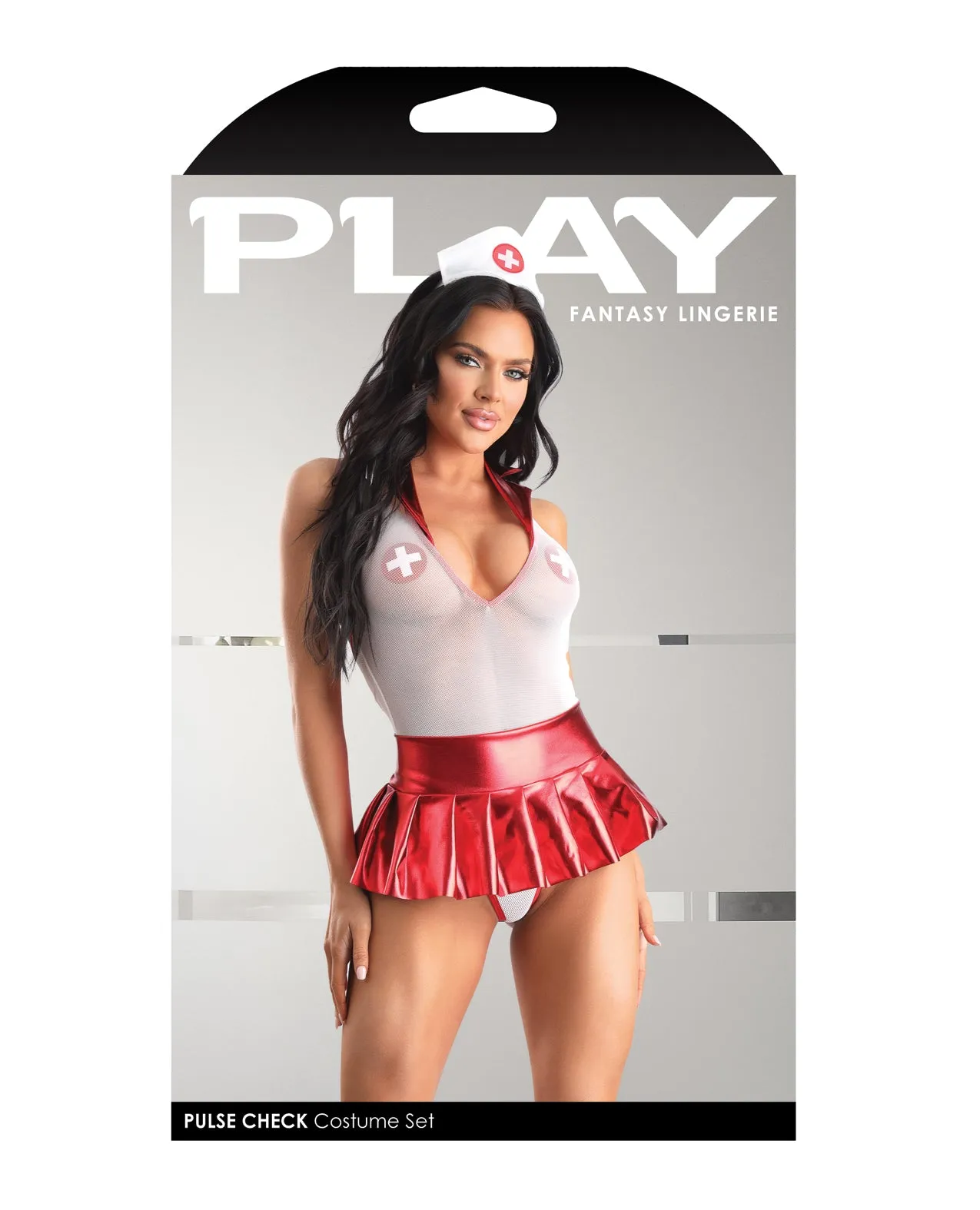 Play Pulse Check Collared Teddy w/Open Back, Pleated Skirt, Medic Hat & Pasties Red/White S/M