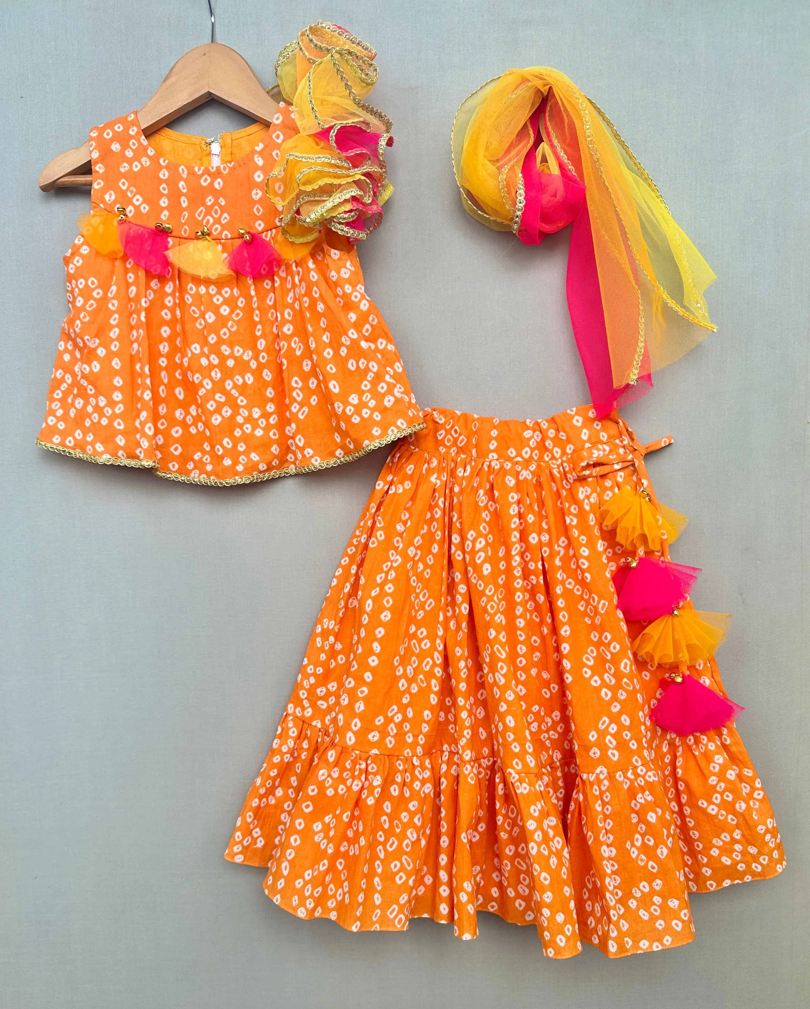 Pre-Order: Orange Bandhni Print Lehenga Set with Dupatta