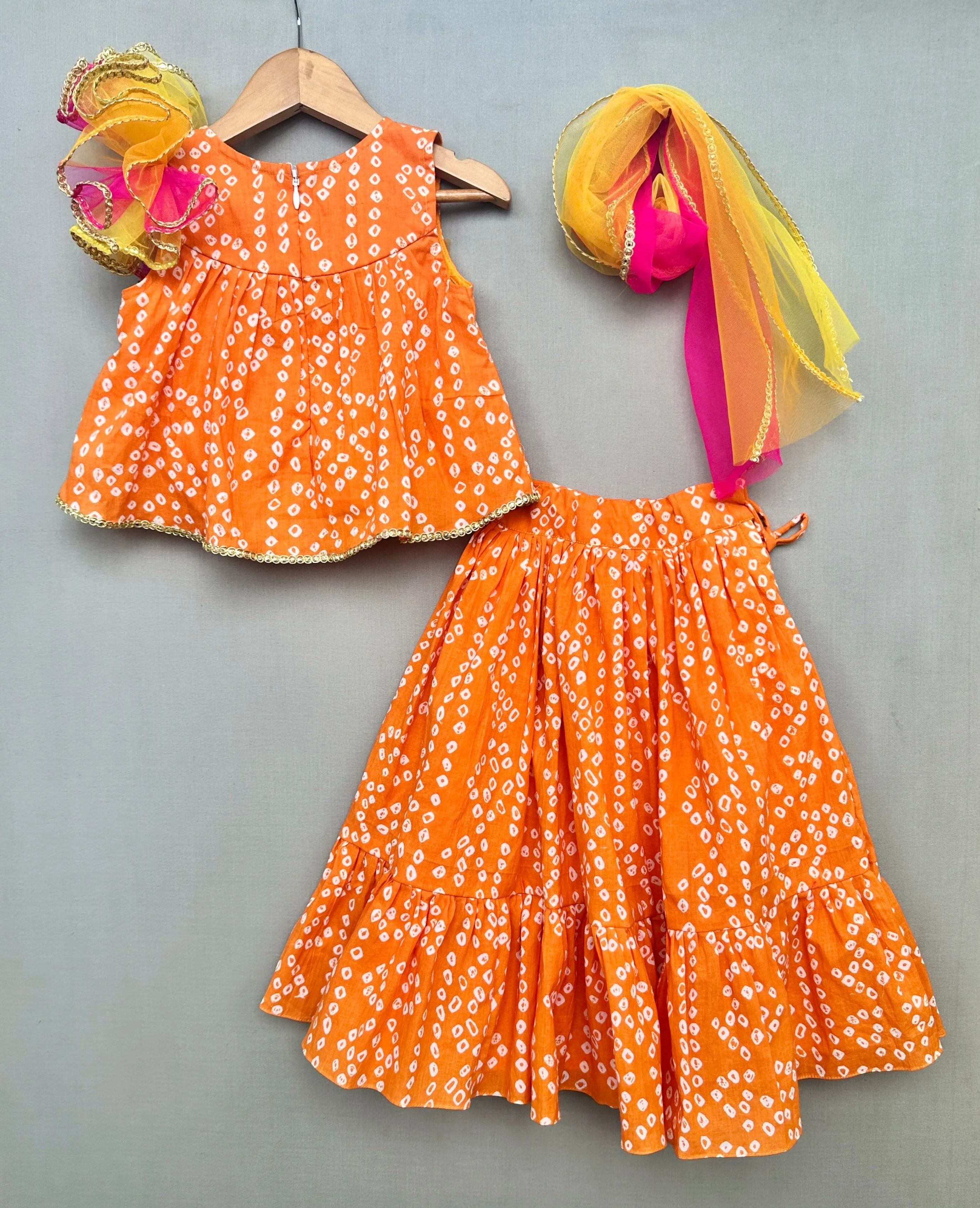 Pre-Order: Orange Bandhni Print Lehenga Set with Dupatta