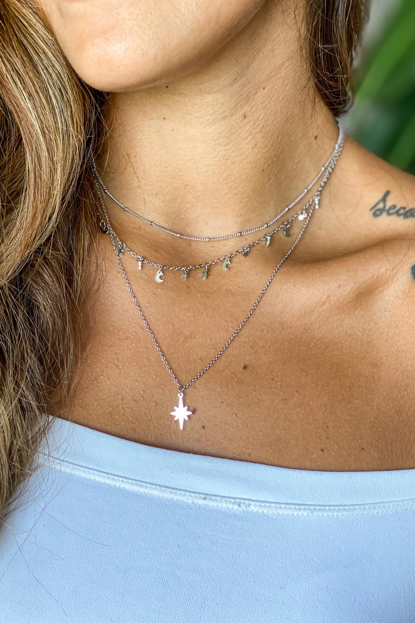 Silver Layered Necklace With Stars Details