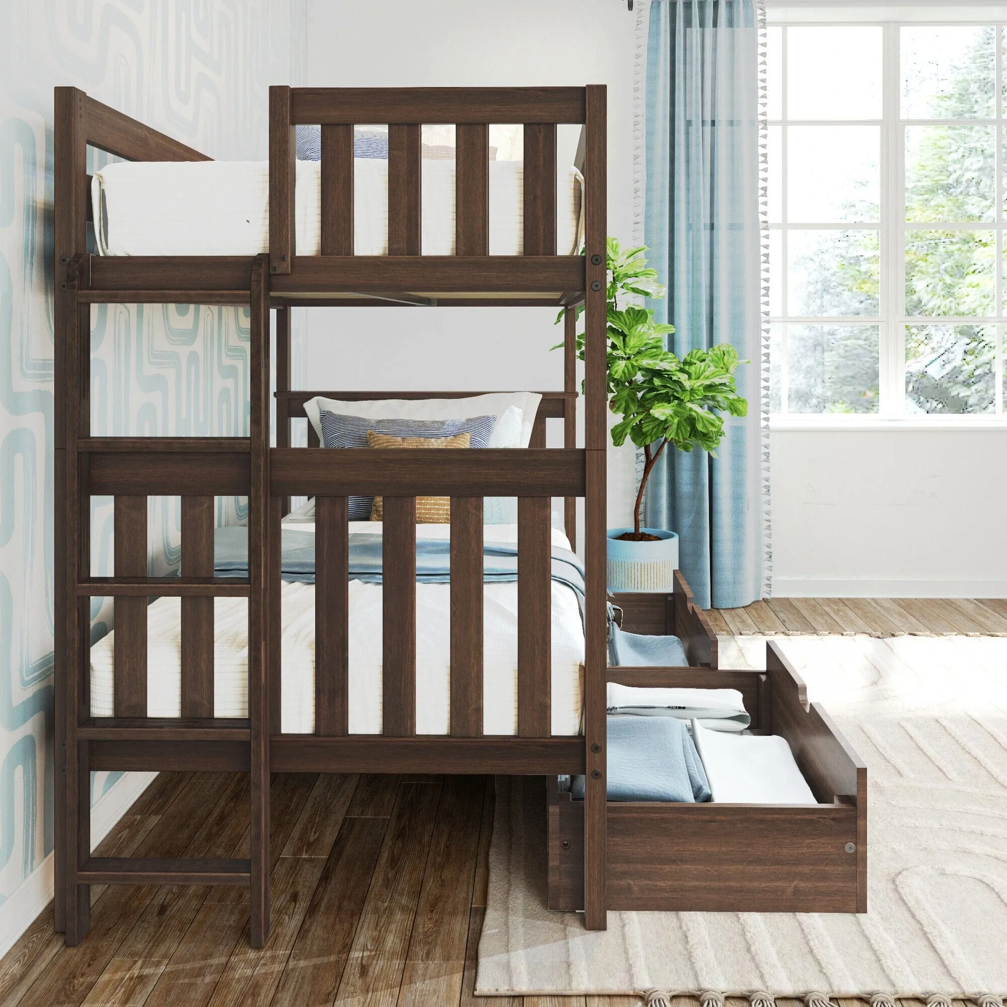 Twin Over Twin Bunk Bed With Storage Drawers & Ladder on End