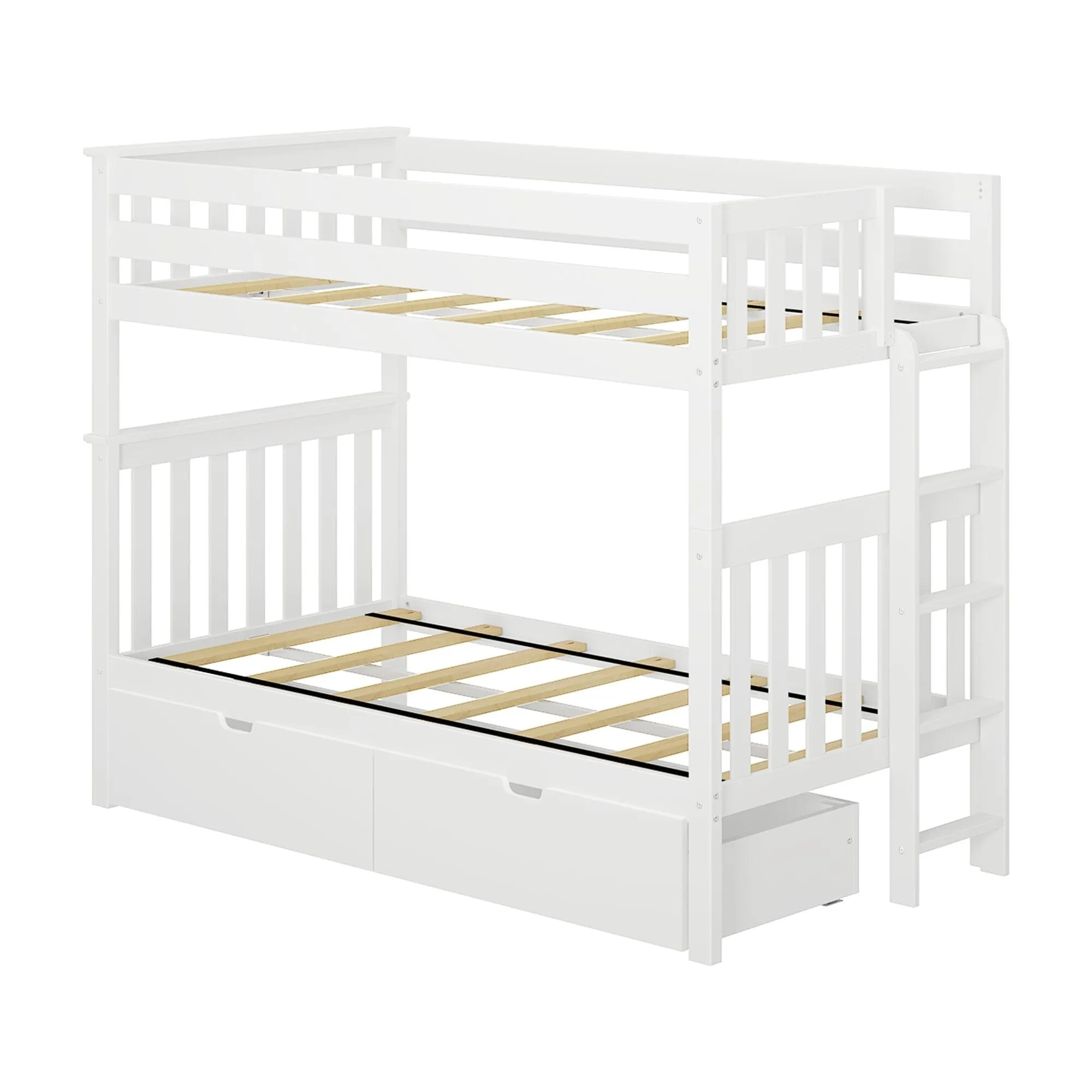 Twin Over Twin Bunk Bed With Storage Drawers & Ladder on End