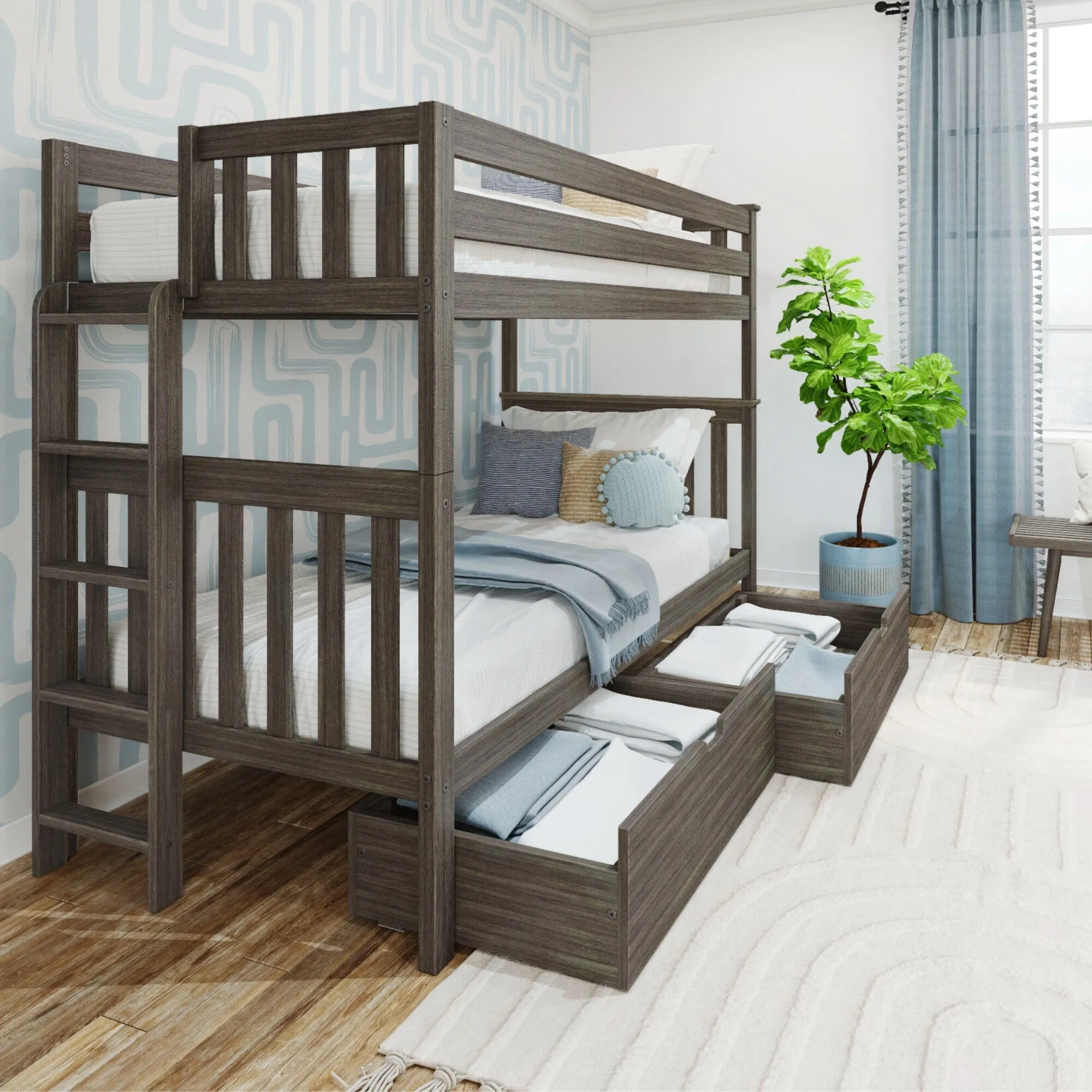 Twin Over Twin Bunk Bed With Storage Drawers & Ladder on End