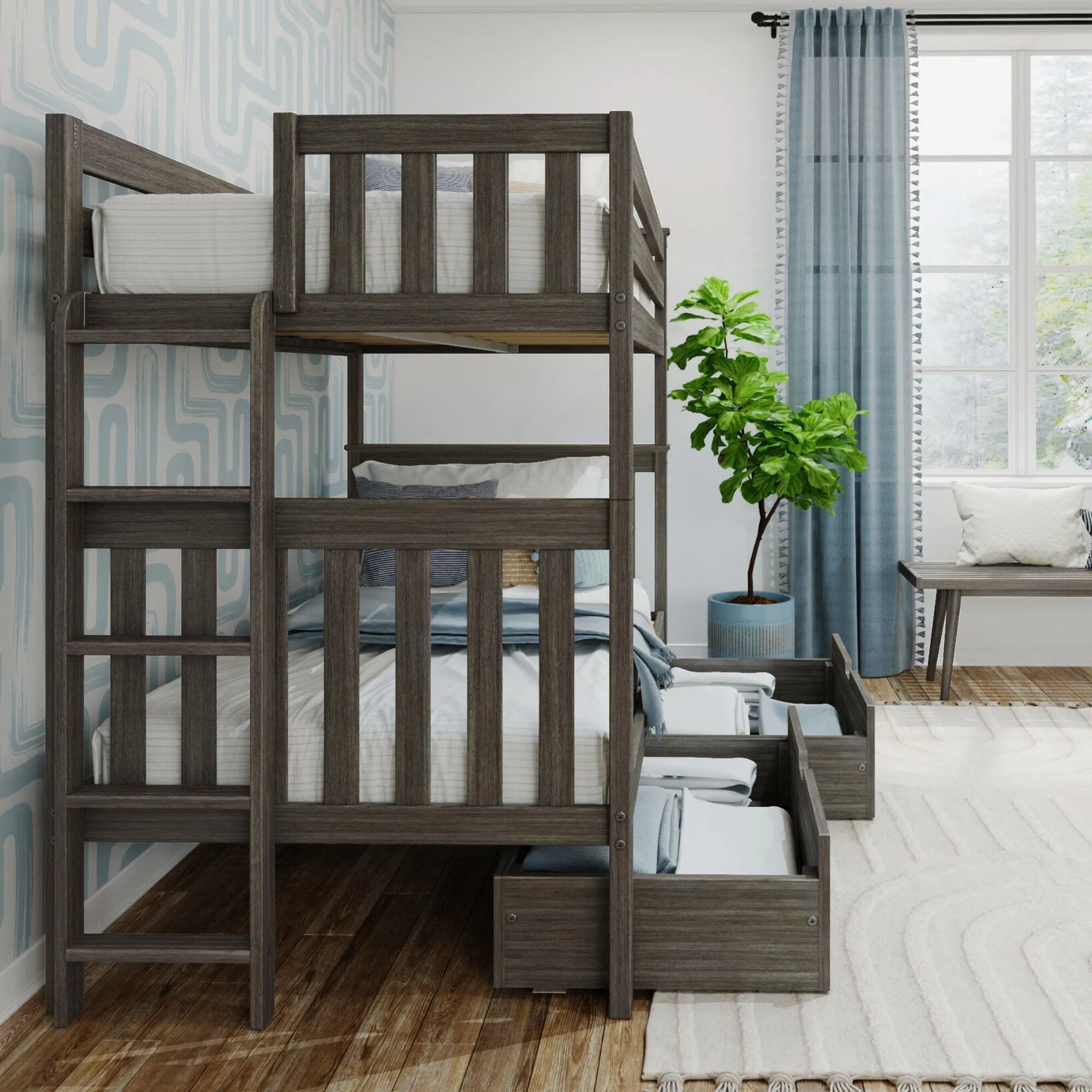 Twin Over Twin Bunk Bed With Storage Drawers & Ladder on End