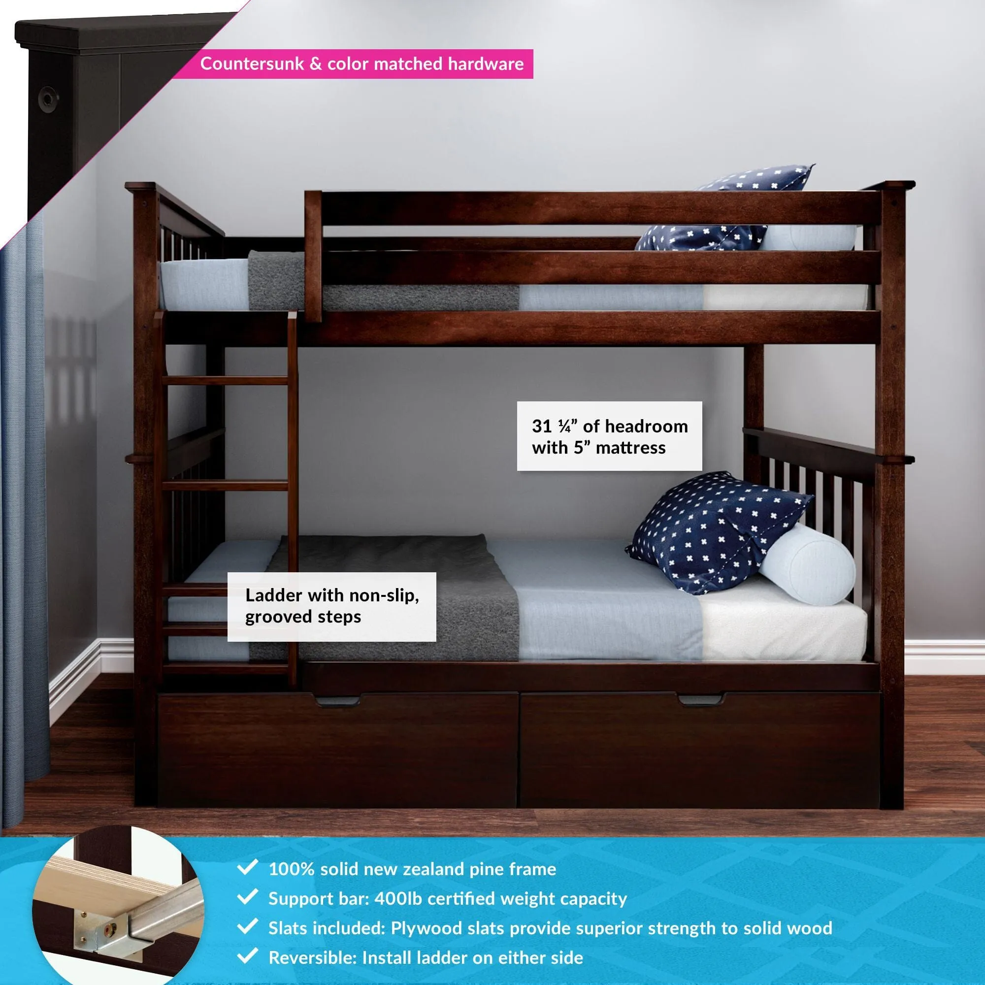 Twin Over Twin Bunk Bed With Storage Drawers