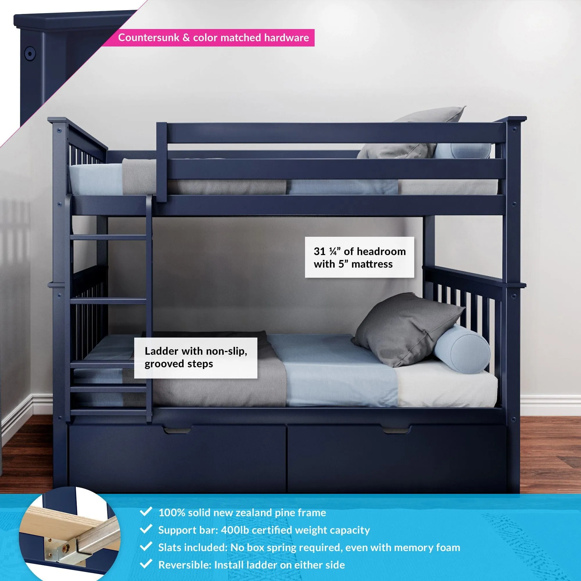 Twin Over Twin Bunk Bed With Storage Drawers