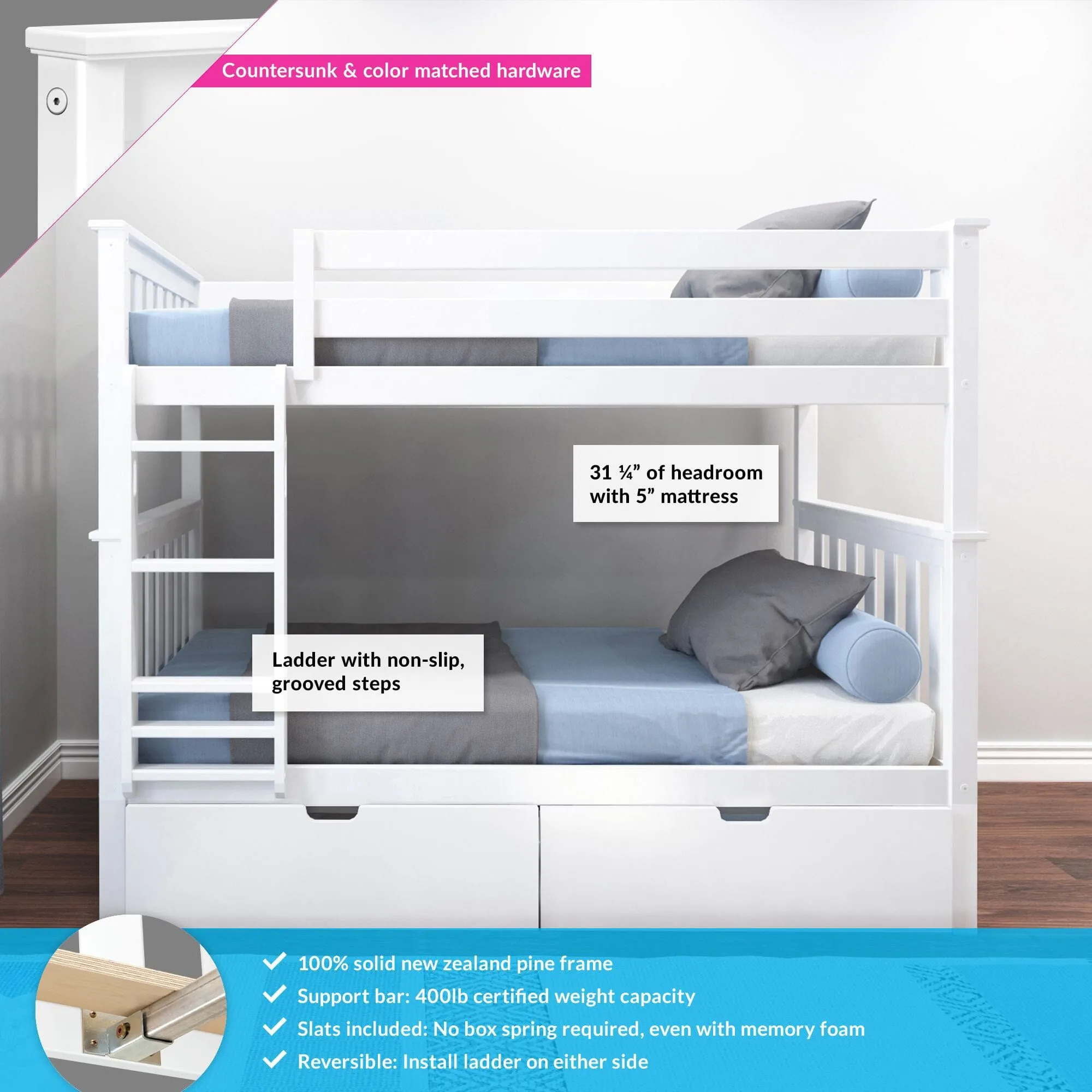 Twin Over Twin Bunk Bed With Storage Drawers