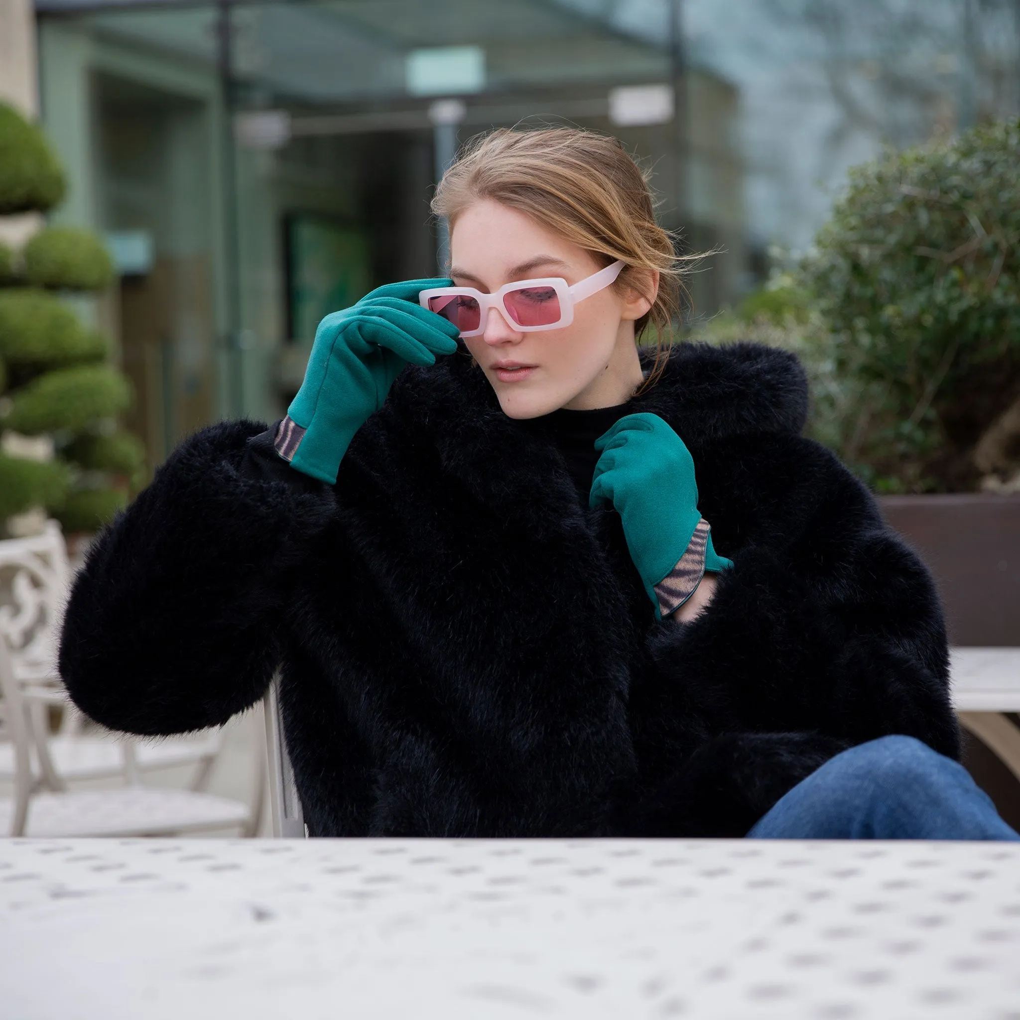 Women’s Touchscreen Velour-Lined Gloves with Zebra Print Detail